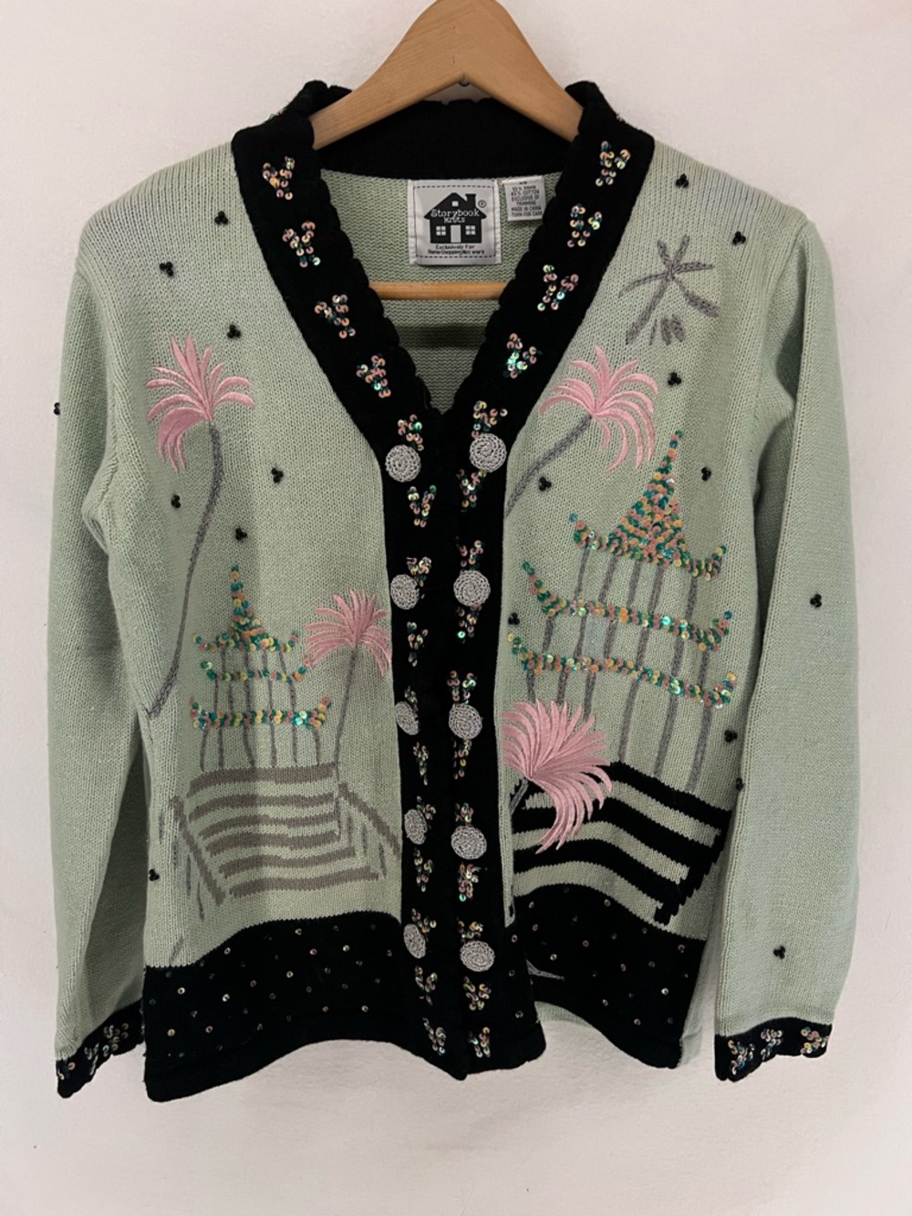Vintage Storybook Knits Cardigan Sweater PADEGODA Size XS Sequins Embroidered